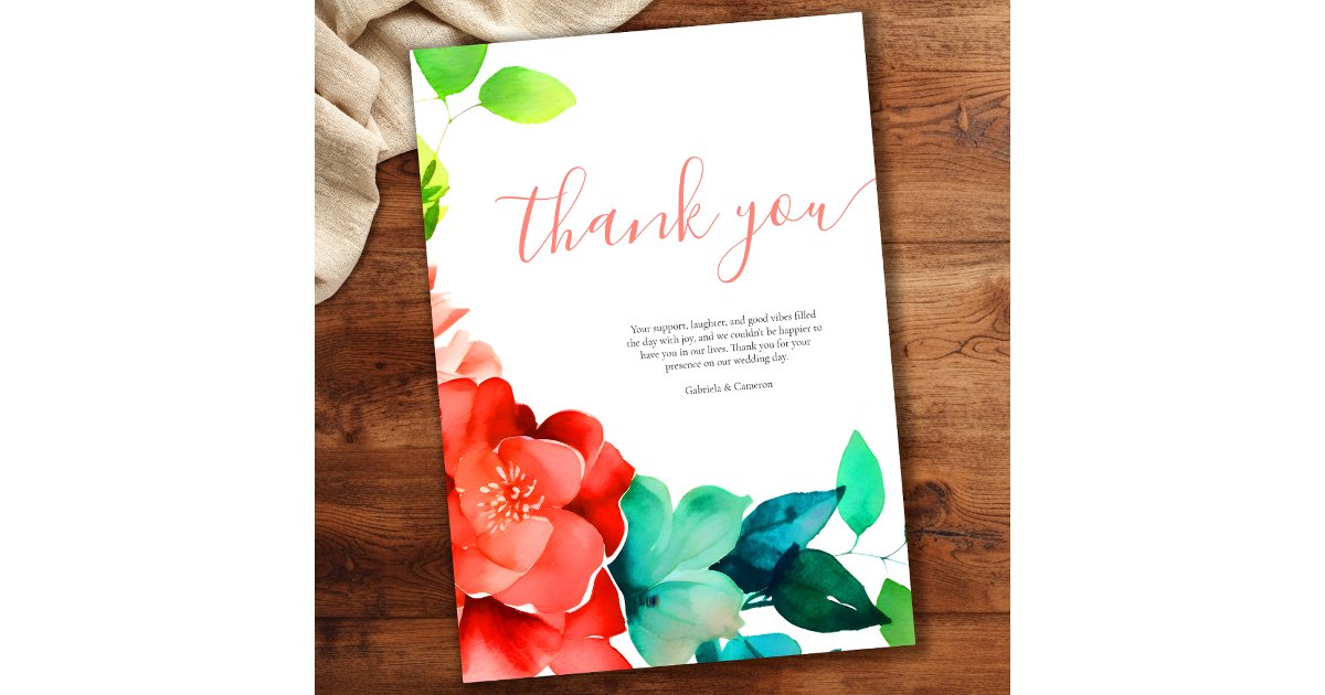 Bright Watercolor Floral Wedding Thank You Card | Zazzle