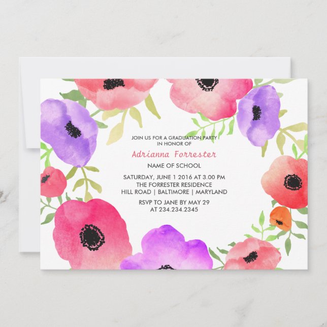 Bright Watercolor Flowers Graduation Party Invitation (Front)