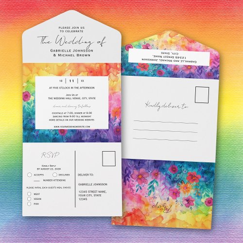 Bright Watercolor Gradient Meadow Flowers Wedding  All In One Invitation