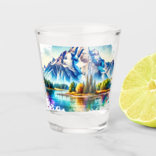 Bright watercolor Grand Teton National Park Wyomin Shot Glass