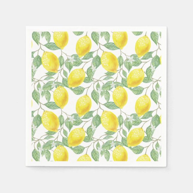Bright Watercolor Lemons Citrus Greenery Summer Napkins (Front)