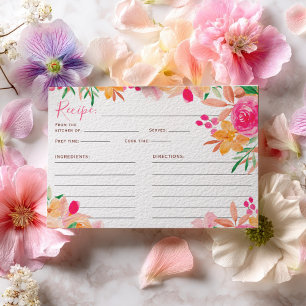 Bright Watercolor Pink Orange Floral Bridal Recipe Invitation
