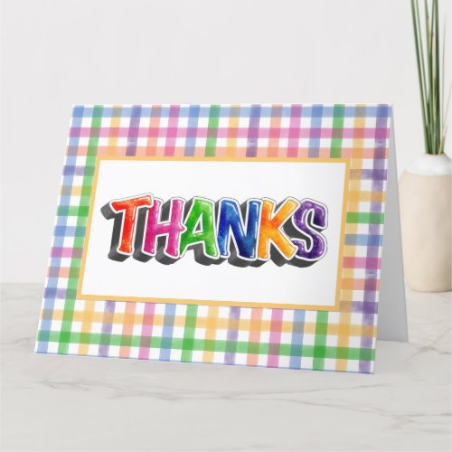 Bright Watercolor Plaid Thanks Lettering  Thank You Card