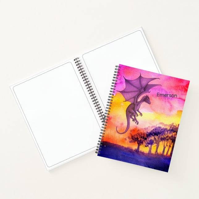 Bright Watercolor Purple Magical Flying Dragon Notebook (Inside)