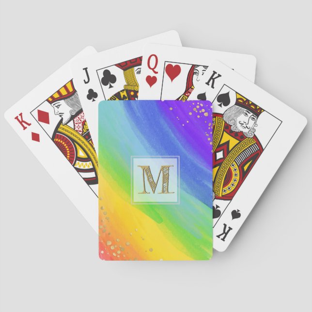 Bright Watercolor Rainbow and Gold Monogram Poker Cards (Back)