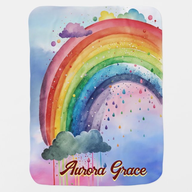 Bright Watercolor Rainbow Custom Name Baby Blanket (Front)