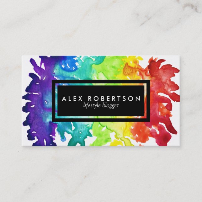 Bright watercolor rainbow splatter business card (Front)