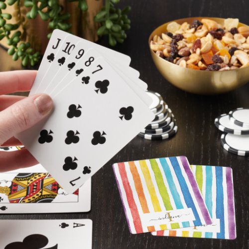 Bright Watercolor Rainbow Stripes Monogram Script Poker Cards
