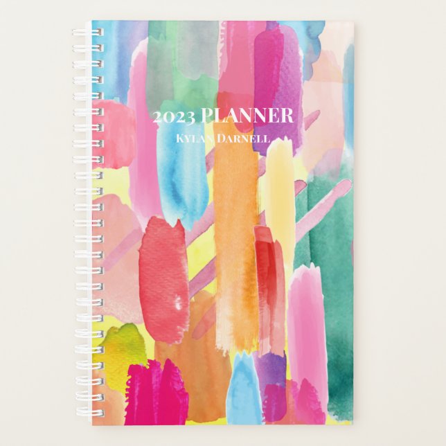 Bright Watercolor Stripes Personalized Planner (Front)