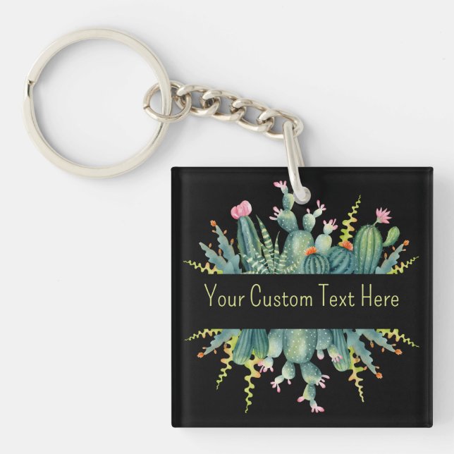 Bright Watercolor Succulent Cactus Custom Text  Keychain (Front)