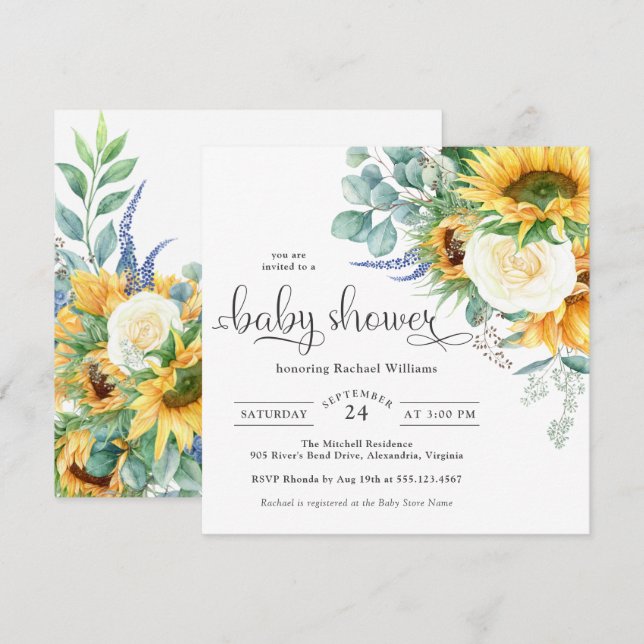 Bright Watercolor Sunflowers Baby Shower Invitation (Front/Back)