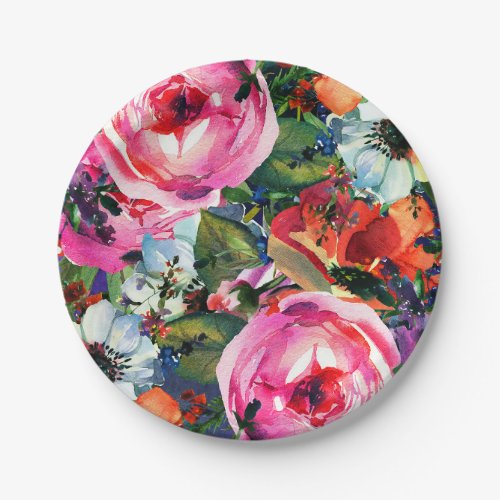 Bright Watercolor Vintage Modern Floral Flowers Paper Plates