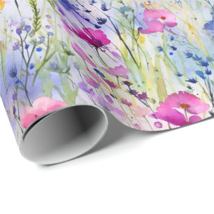 Bright Watercolor Wildflowers Blue Pink and Purple Wrapping Paper