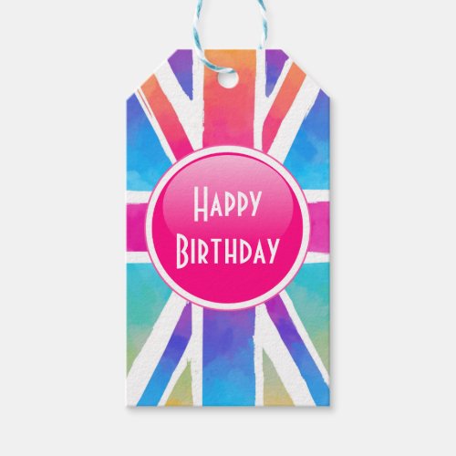Bright Watercolour Union Jack Flag Happy Birthday Gift Tags