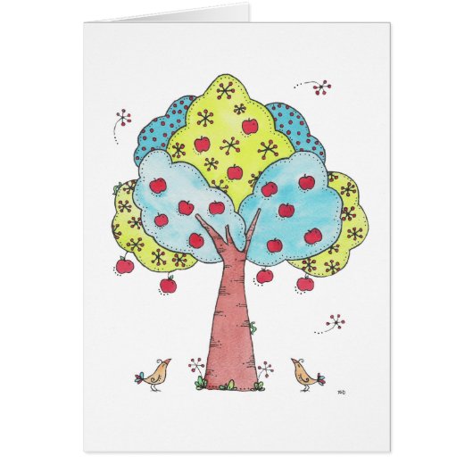 Bright Whimsical Apple Tree with Birds Design Cards (Front)