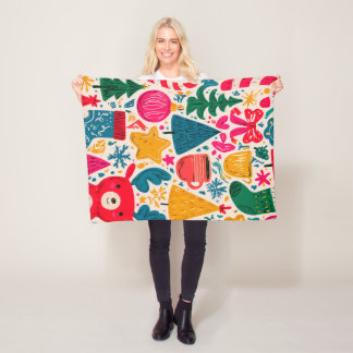 Bright & Whimsical Christmas Doodle Pattern Fleece Blanket
