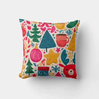 Bright & Whimsical Christmas Doodle Pattern Throw Pillow
