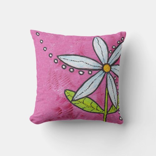 Bright Whimsical Daisy Flower Green Leaves Pink Throw Pillow