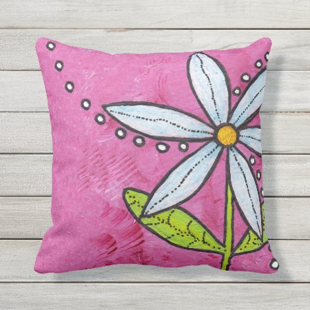 Bright Whimsical Daisy Flower Green Leaves Pink Throw Pillow