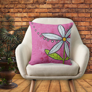 Bright Whimsical Daisy Flower Green Leaves Pink Throw Pillow