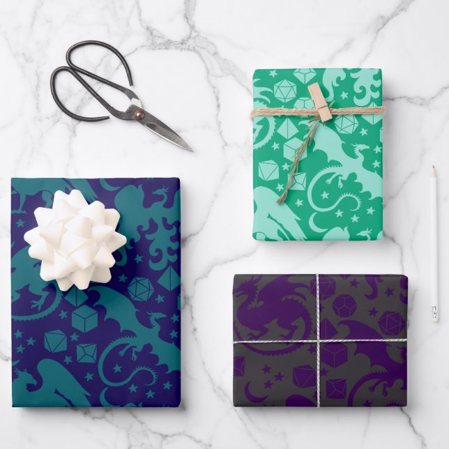 Bright Whimsical Dragon & Dice Purple Blue Green Wrapping Paper Sheets (Front)
