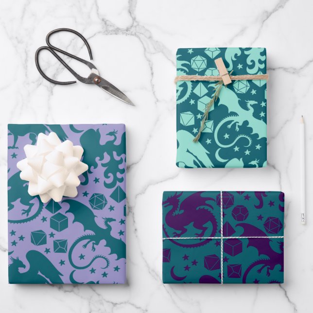 Bright Whimsical Dragon & Dice Purple & Blue Wrapping Paper Sheets (Front)