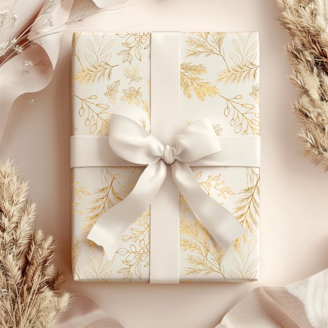 Bright & Whimsical Rustic Gold Winter Botanicals Wrapping Paper Sheets (Creator Uploaded)