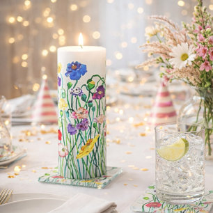 Bright Whimsical Watercolor Wild Poppy  Pillar Candle