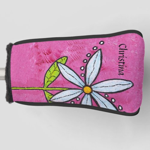 Bright Whimsical White Daisy Flower Leaves Pink Golf Head Cover