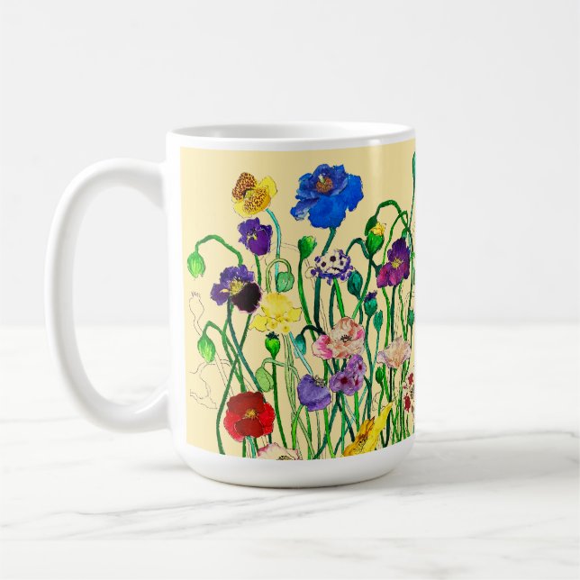 Bright Whimsical Wild Poppy & Butter Yellow Coffee Mug (Left)