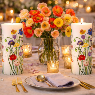 bright whimsical wild poppy watercolour pillar candle