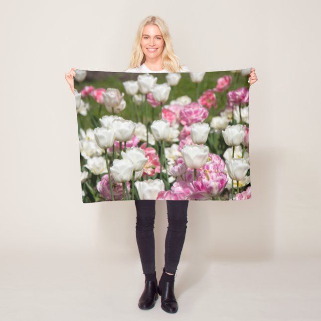 Bright white and pink tulips on a sunny day  fleece blanket (In Situ)