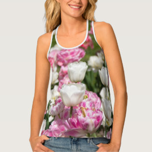 Bright white and pink tulips on a sunny day tank top