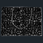 Bright white Black Boho Christmas Trees Snowman  Large Gift Bag<br><div class="desc">Celebrate the magical and festive holiday season with our vintage Simple chic holiday design black background with modern white Christmas tree and gifts and candy cane with Bright snow flakes snowman and christmas gifts  . perfect for your next Christmas eve to wrap your gifts</div>