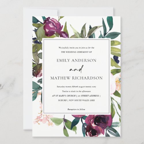 BRIGHT WHITE BLUSH BURGUNDY FLORAL BUNCH WEDDING INVITATION