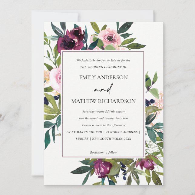 BRIGHT WHITE BLUSH BURGUNDY FLORAL BUNCH WEDDING INVITATION (Front)