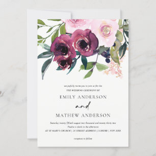 BRIGHT WHITE BLUSH BURGUNDY FLORAL BUNCH WEDDING INVITATION