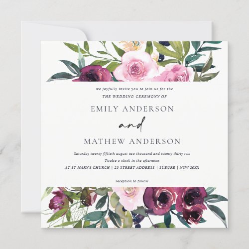 BRIGHT WHITE BLUSH BURGUNDY FLORAL BUNCH WEDDING INVITATION