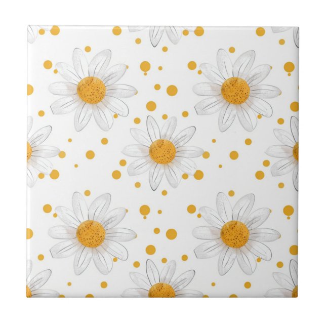 Bright White Daisies with Yellow Centers Ceramic Tile (Front)