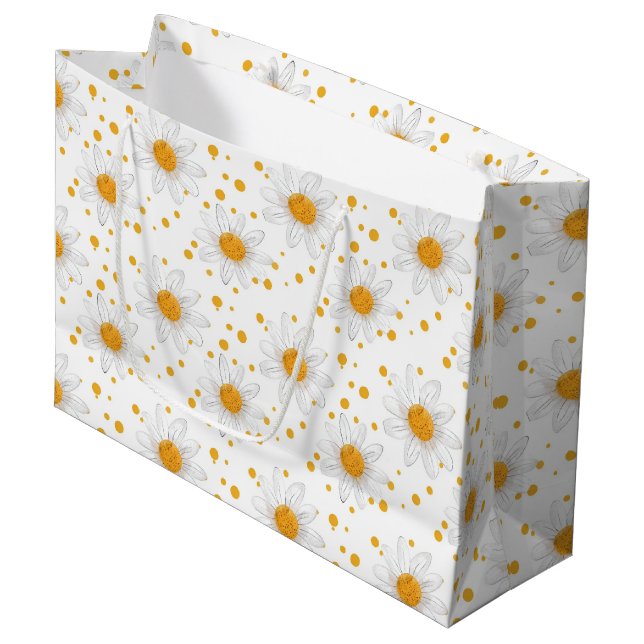 Bright White Daisies with Yellow Centers Large Gift Bag (Front Angled)