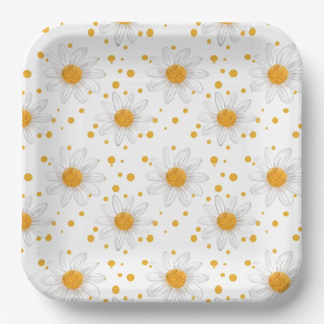 Bright White Daisies with Yellow Centers Paper Plates (Front)