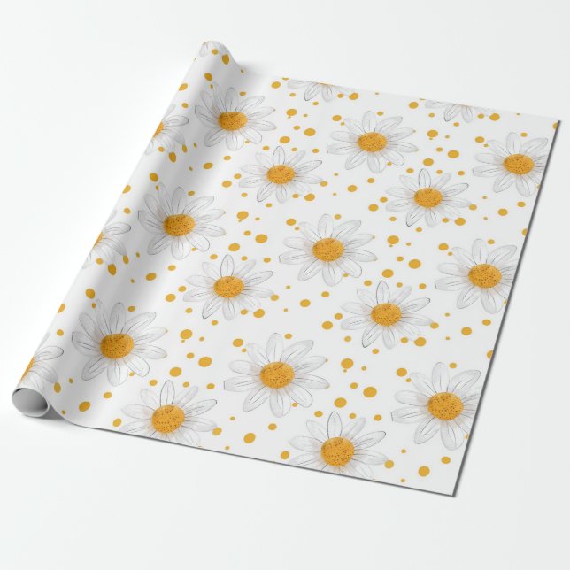 Bright White Daisies with Yellow Centers Wrapping Paper (Unrolled)