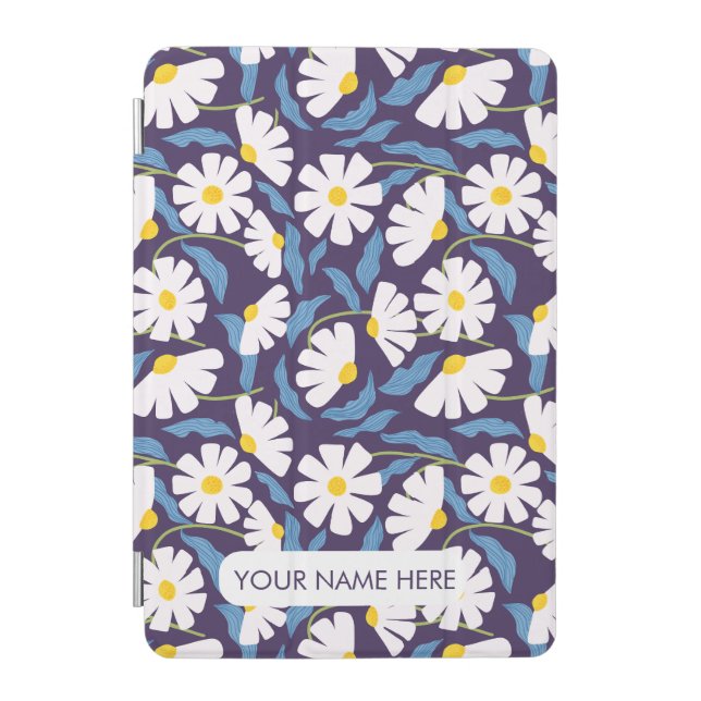 Bright White Daisy Floral iPad Case with Blue Leaf (Front)