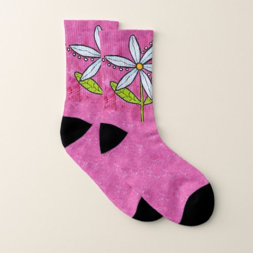 Bright White Daisy Flower Leaves Hot Pink Socks