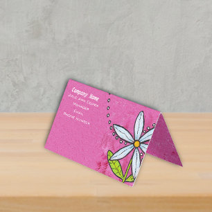 Bright White Daisy Green Leaves Dots on Pink Business Card