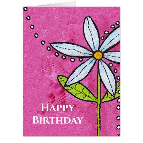 Bright White Daisy Green Leaves Dots Vibrant Pink Card