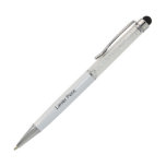 Bright White Engraved Ballpoint Pen w/Crystals<br><div class="desc">A great gift idea! The bright white crystalline ballpoint pen with stylus features optional engraving,  high quality German made refill ink,  and Aston leather pen slip. Twist action,  chrome plated fittings produce a smooth writing touch.</div>