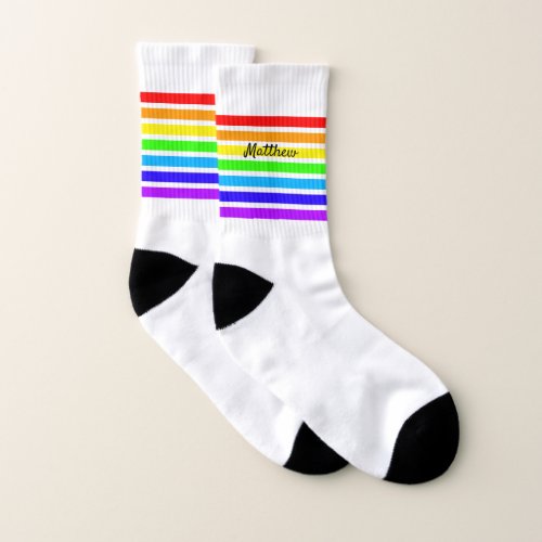 Bright White Rainbow Stripes Custom Name Mens Socks