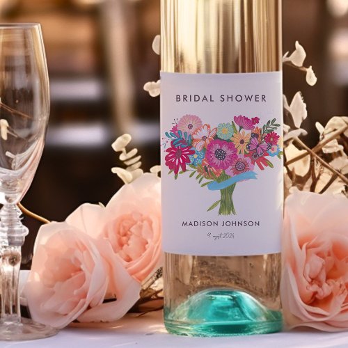 Bright Wildflower Bridal Shower Party Wine Label