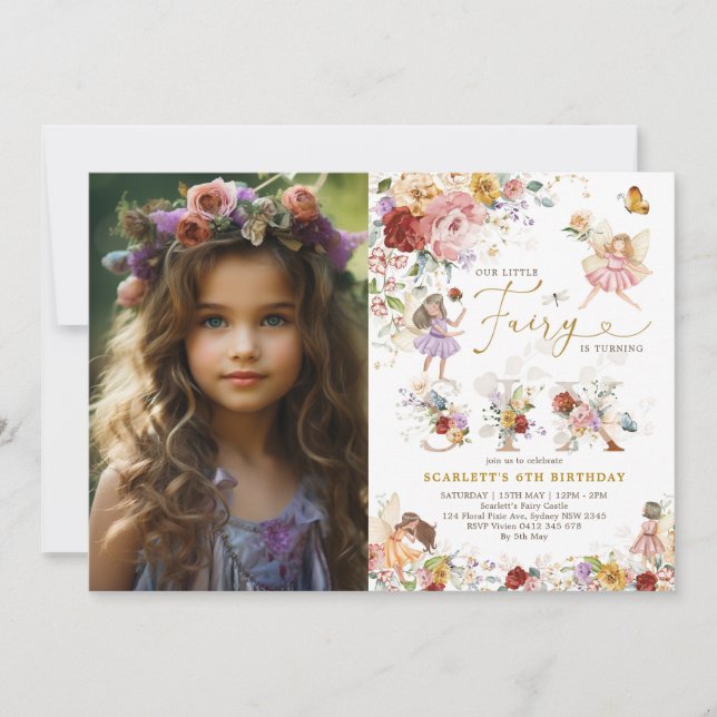 Bright Wildflower Fairy Garden 6th Birthday Photo Invitation (Front)